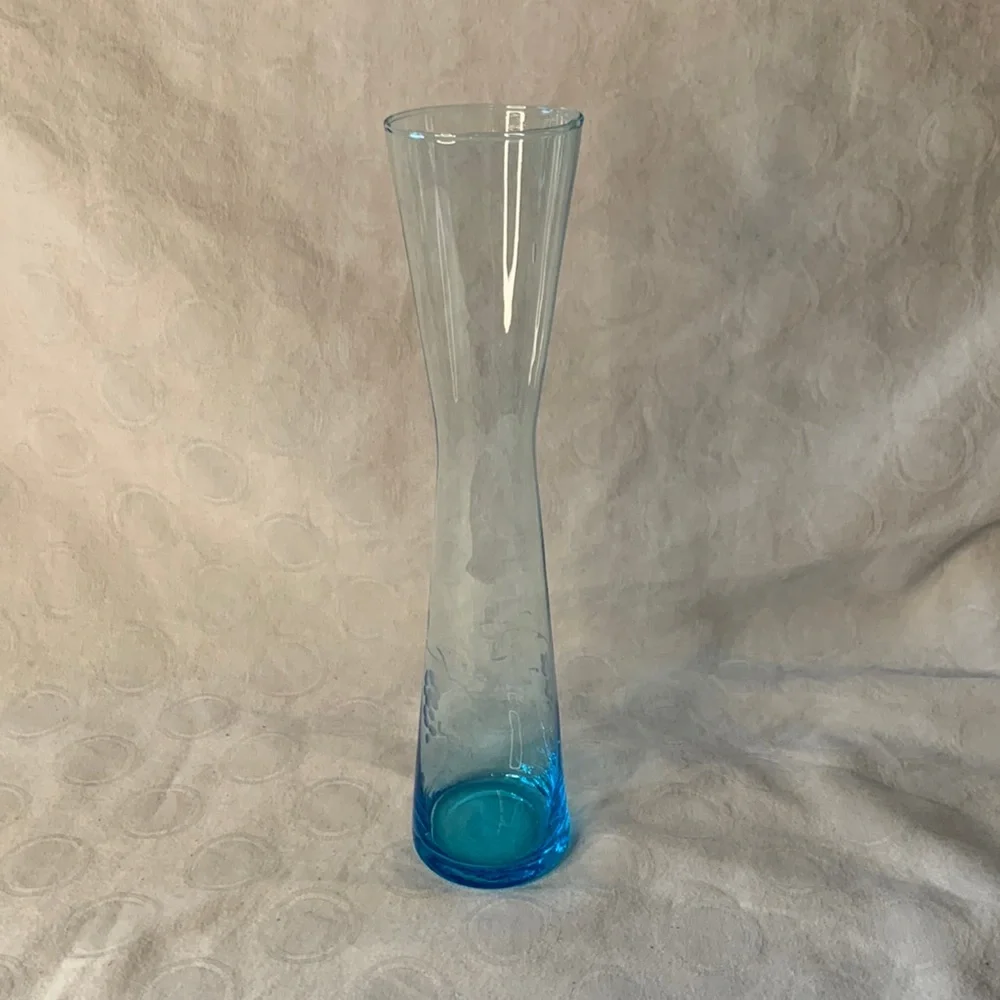 Ice Blue Bud Vase Etched Grapes 9.5” tall - Picture 1 of 4
